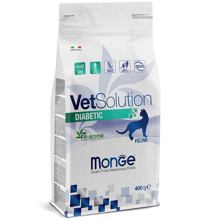 Monge Vet Solution Diabetic Ветеринарный сухой корм для взрослых кошек, при сахарном диабете и избыточном весе, 400 г