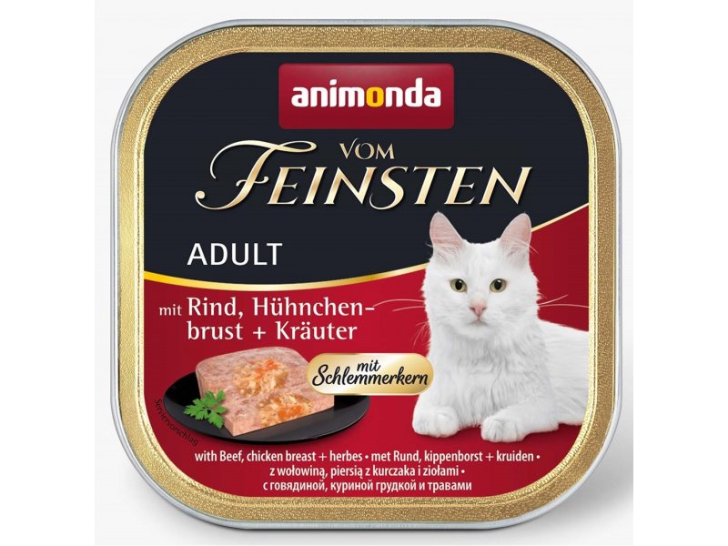 Animonda Vom Feinsten yetkin pişiklər üçün paştetdə nəm yem, mal, toyuq və tərəvəzlər ilə, 100 q