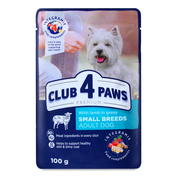 Club 4 Paws Nəm yem, kiçik cins yetkin itlər üçün, sousda quzu əti ilə, 100 q