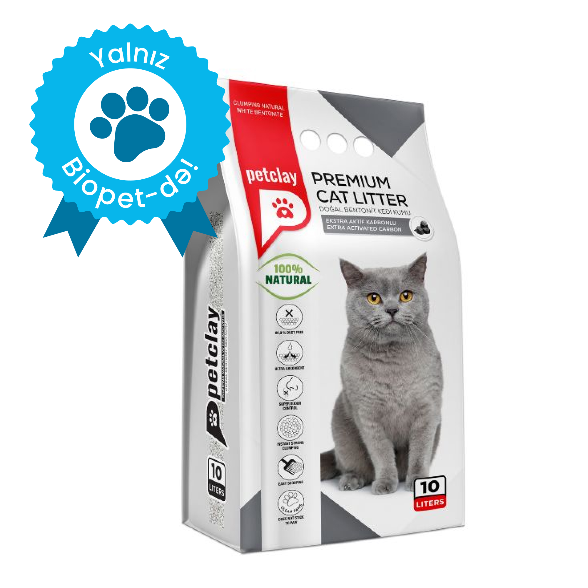 Petclay Premium Topalanan pişik qumu, aktivləşdirilmiş kömür ilə, 10 L