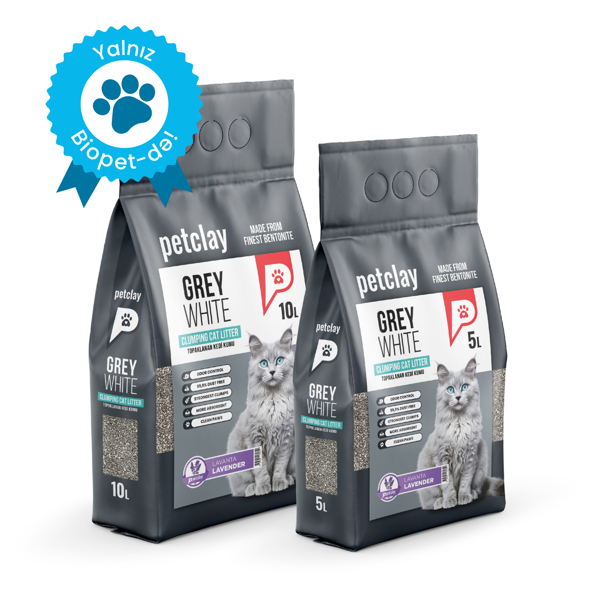 Petclay Grey-White (boz-ağ) Premium topalanan pişik qumu, lavanda qoxusu ilə, 10 L