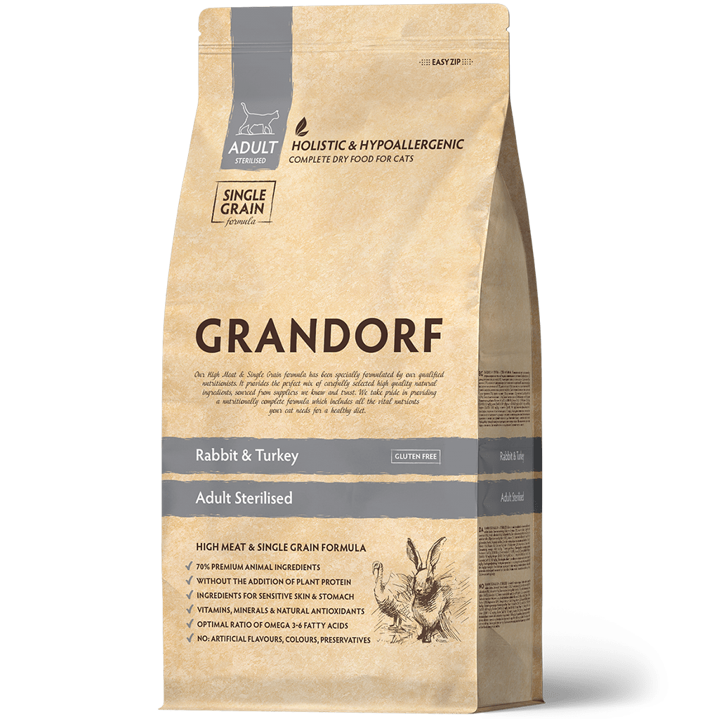 Grandorf Single Grain Sterilised, Qısırlaşdırılmış pişiklər üçün quru yem, Dovşan və Hind quşu ilə, kq