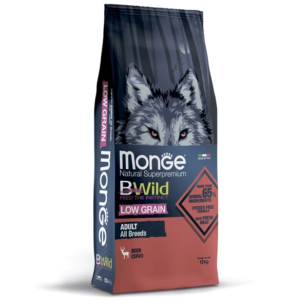Monge BWild Low Grain All Breeds az dənəli quru yem bütün cins yetkin itlər üçün, maral əti ilə
