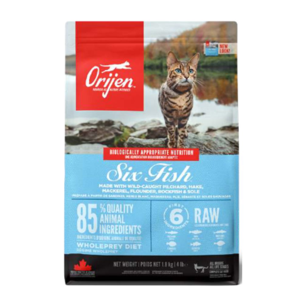 Orijen Six Fish сухой корм для взрослых кошек с сардинами, хеком, макрелью, камбалой, морским окунем и морским языком 340 г