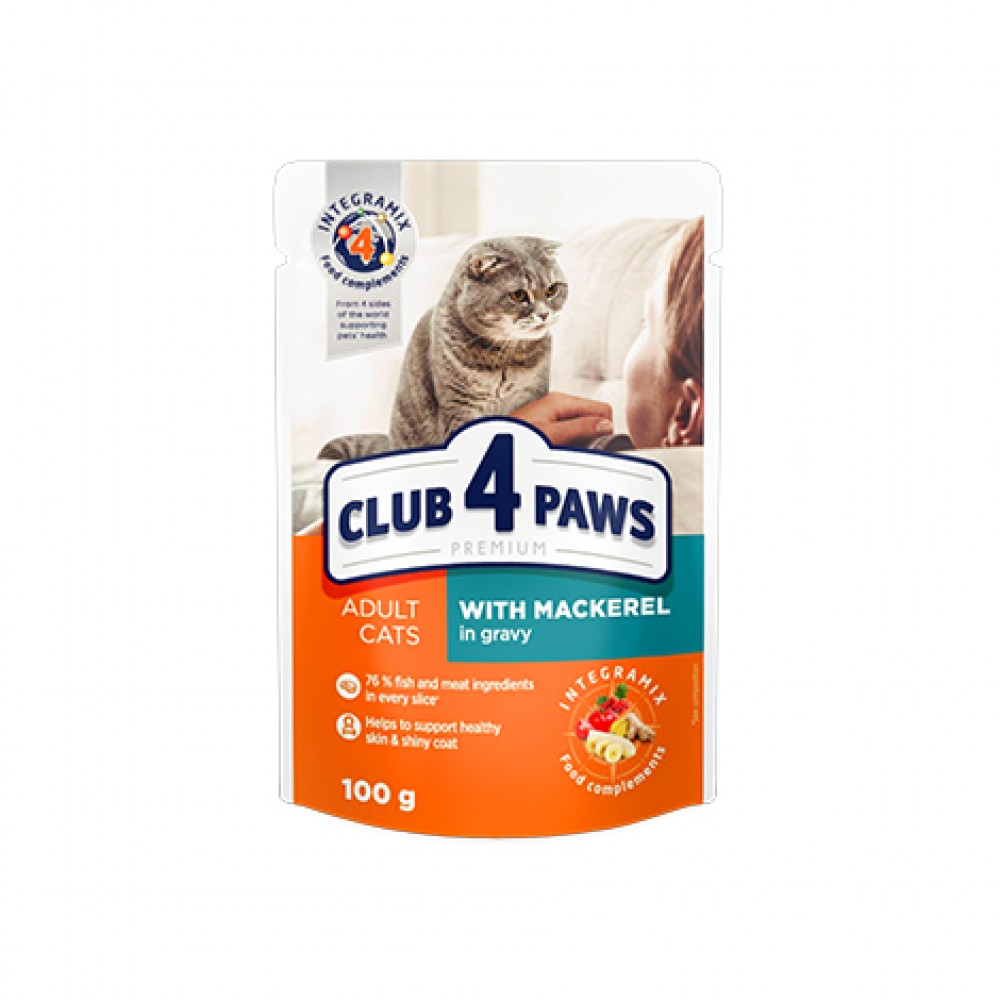 Club 4 Paws Влажный корм, для взрослых кошек, со скумбрией в соусе, 100 г