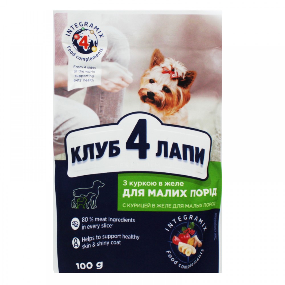 Club 4 Paws Влажный корм для взрослых собак мелких пород, с курицей в желе, 100 г