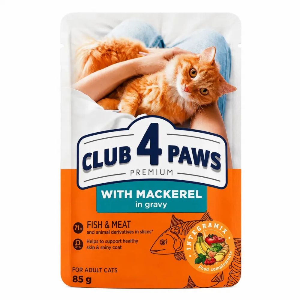 Club 4 Paws Влажный корм, для взрослых кошек, со скумбрией в соусе, 85 г